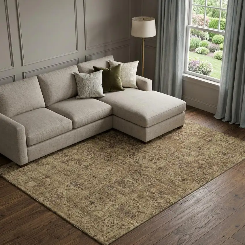 Coffee And Charcoal Floral Washable Area Rug With UV Protection Photo 1
