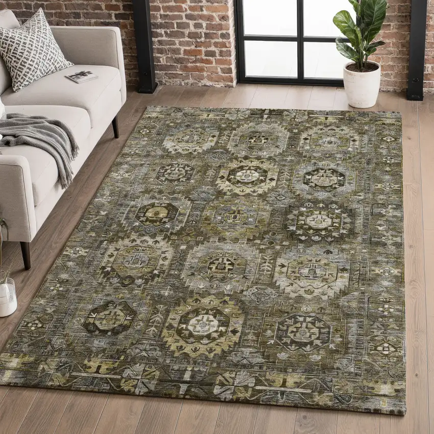 Coffee And Charcoal Medallion Washable Area Rug With UV Protection Photo 5