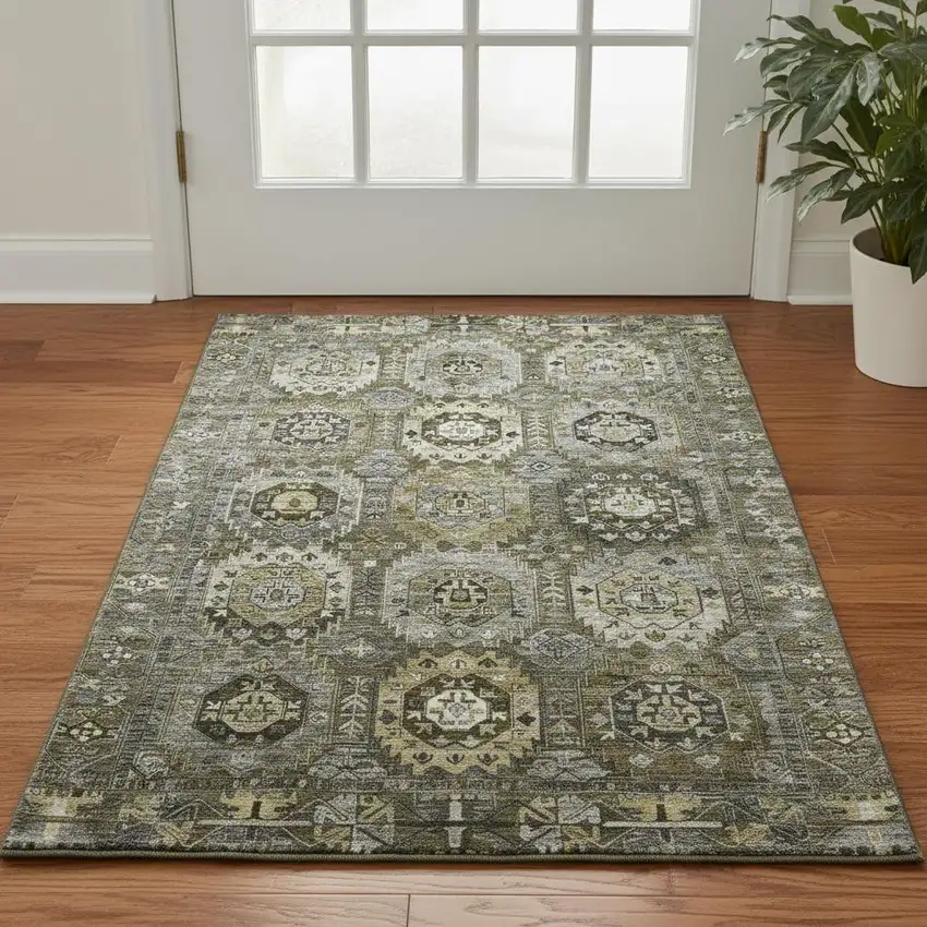 Coffee And Charcoal Medallion Washable Area Rug With UV Protection Photo 2