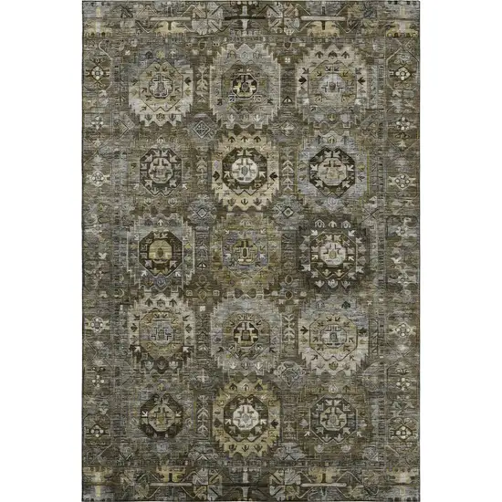 Coffee And Charcoal Medallion Washable Area Rug With UV Protection Photo 1
