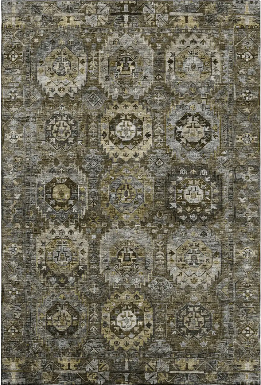 Coffee And Charcoal Medallion Washable Area Rug With UV Protection Photo 1