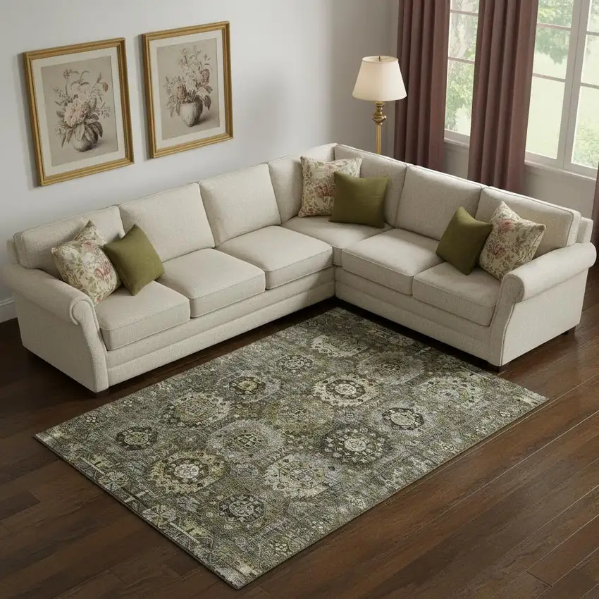 Coffee And Charcoal Medallion Washable Area Rug With UV Protection Photo 2