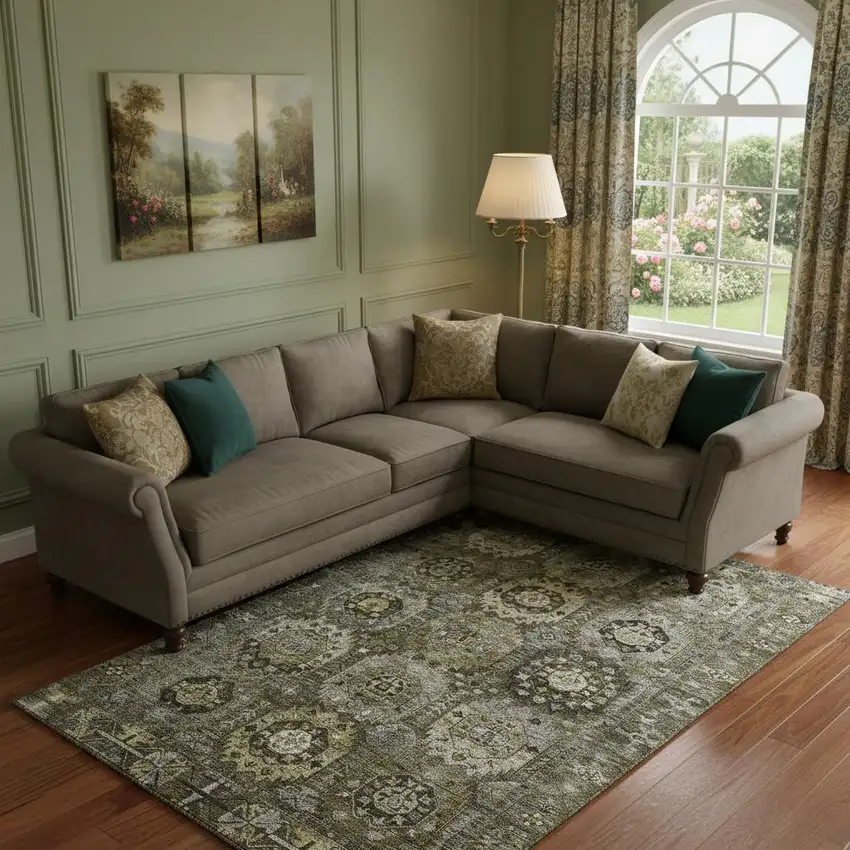 Coffee And Charcoal Medallion Washable Area Rug With UV Protection Photo 2