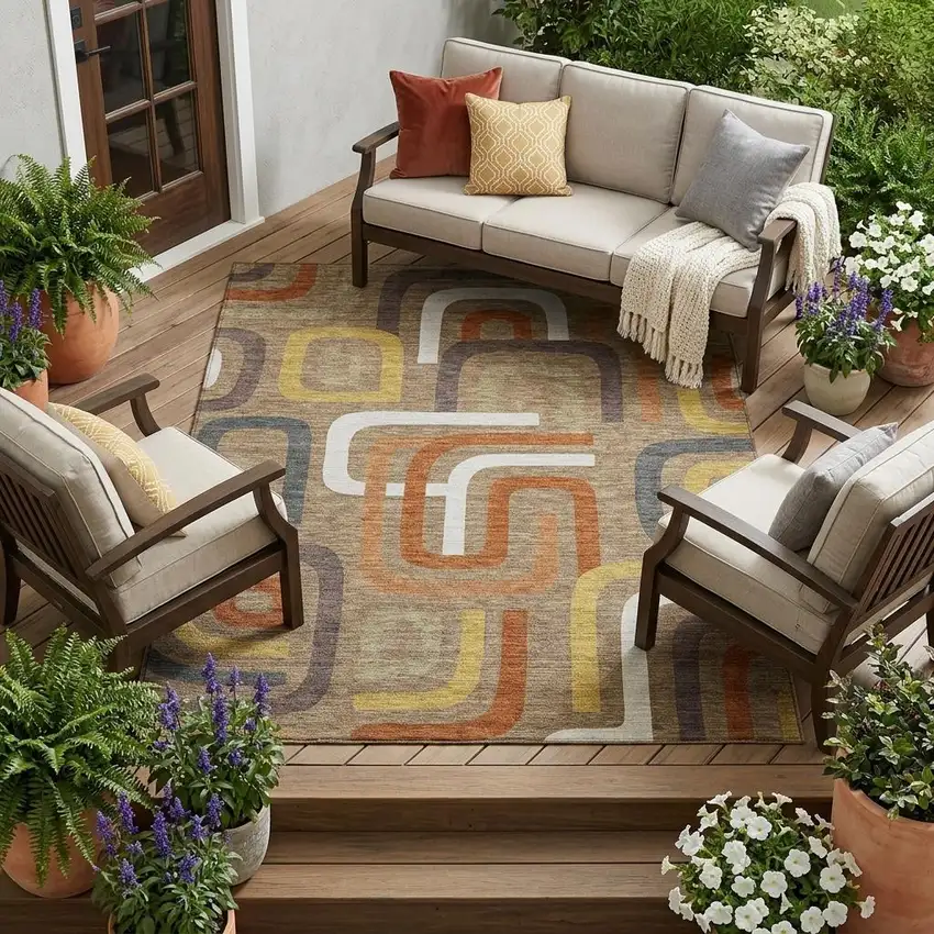 Coffee And Chocolate Geometric Washable Indoor Outdoor Area Rug Photo 1