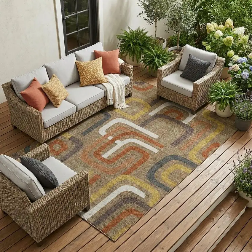 Coffee And Chocolate Geometric Washable Indoor Outdoor Area Rug Photo 1