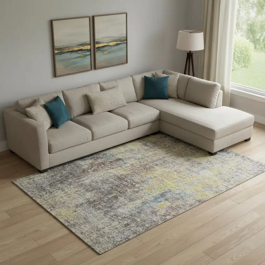 Coffee And Gold Abstract Washable Area Rug With UV Protection Photo 1