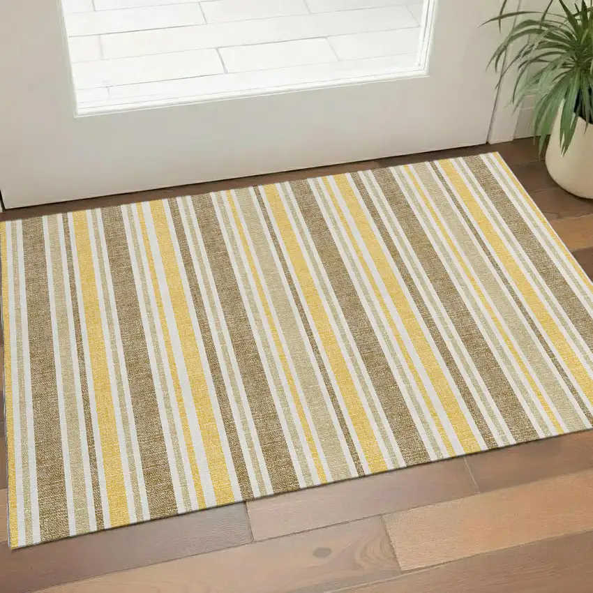 Coffee And Gold Striped Washable Area Rug With UV Protection Photo 1