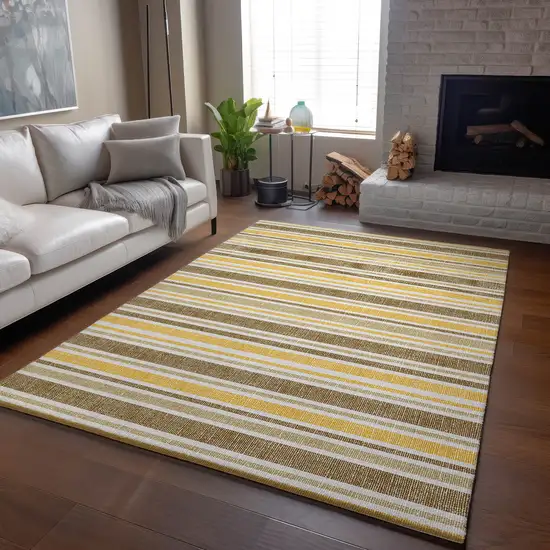 Coffee And Gold Striped Washable Area Rug With UV Protection Photo 7