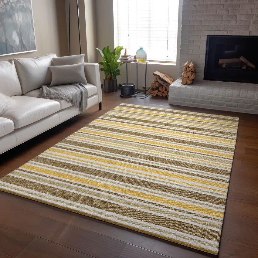 Coffee And Gold Striped Washable Area Rug With UV Protection Photo 6