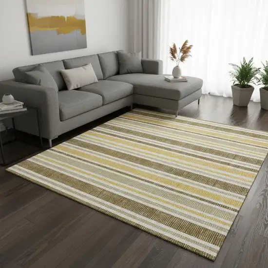 Coffee And Gold Striped Washable Area Rug With UV Protection Photo 2