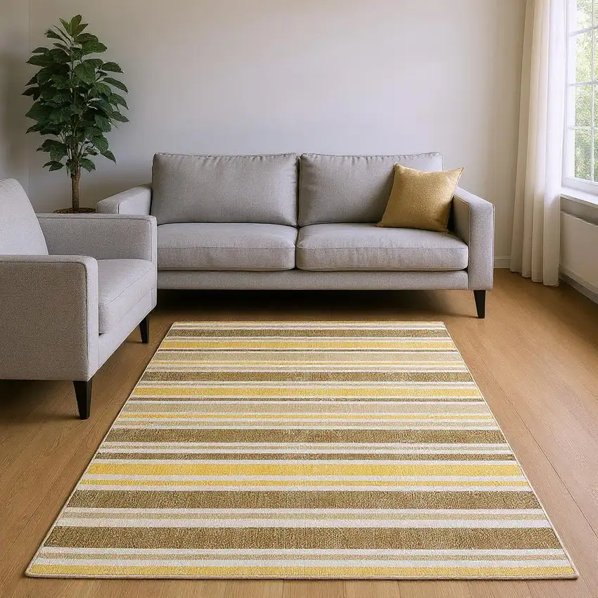 Coffee And Gold Striped Washable Area Rug With UV Protection Photo 2