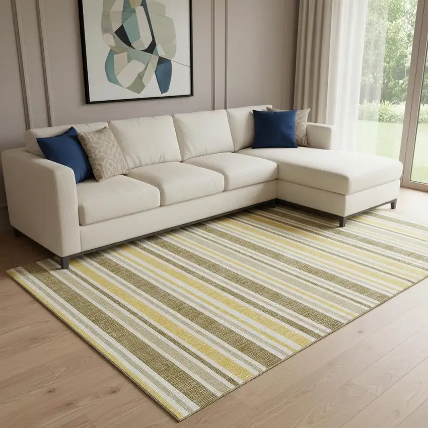 Coffee And Gold Striped Washable Area Rug With UV Protection Photo 1