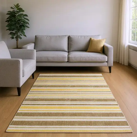Coffee And Gold Striped Washable Area Rug With UV Protection Photo 2