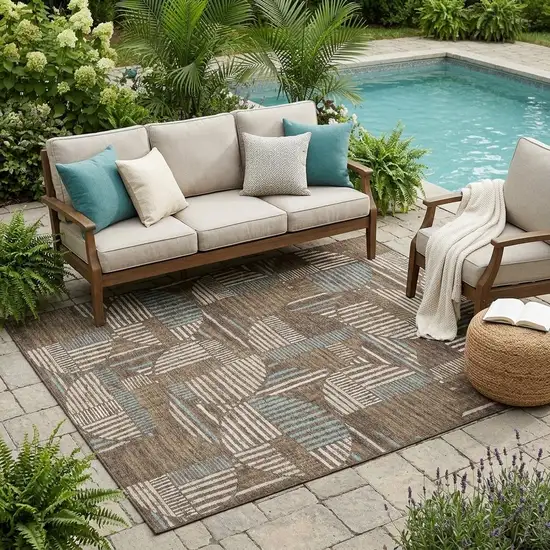 Coffee And Graphite Geometric Washable Indoor Outdoor Area Rug Photo 1