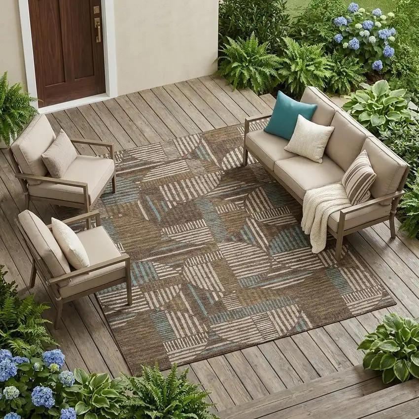 Coffee And Graphite Geometric Washable Indoor Outdoor Area Rug Photo 1