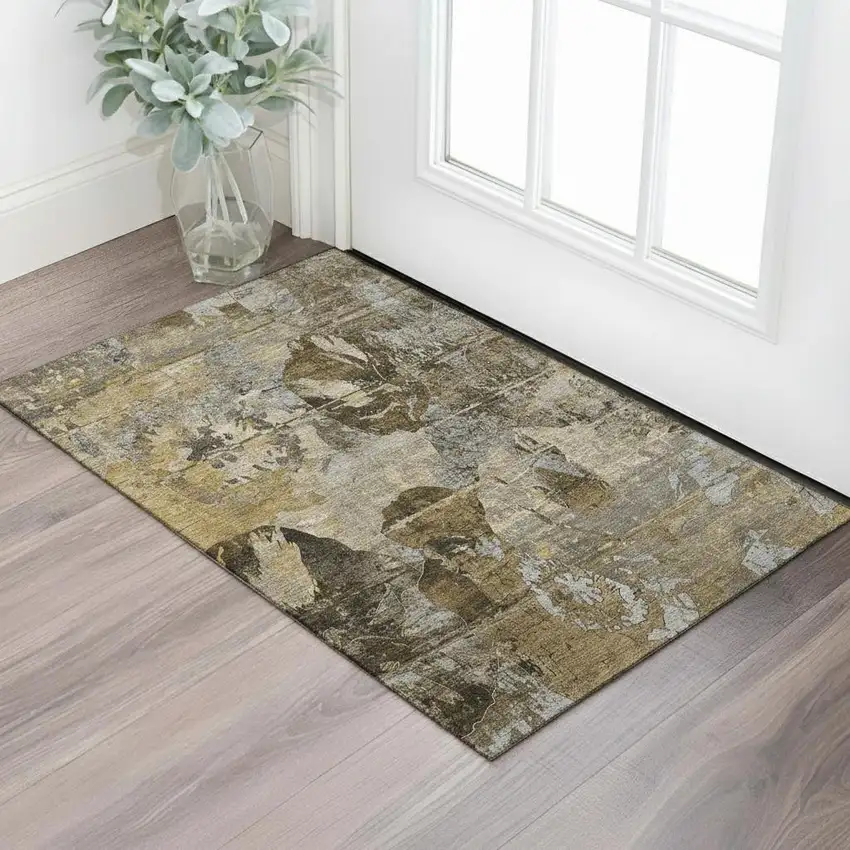 Coffee And Gray Abstract Washable Area Rug With UV Protection Photo 1