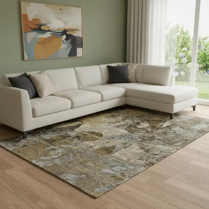 Coffee And Gray Abstract Washable Area Rug With UV Protection Photo 1