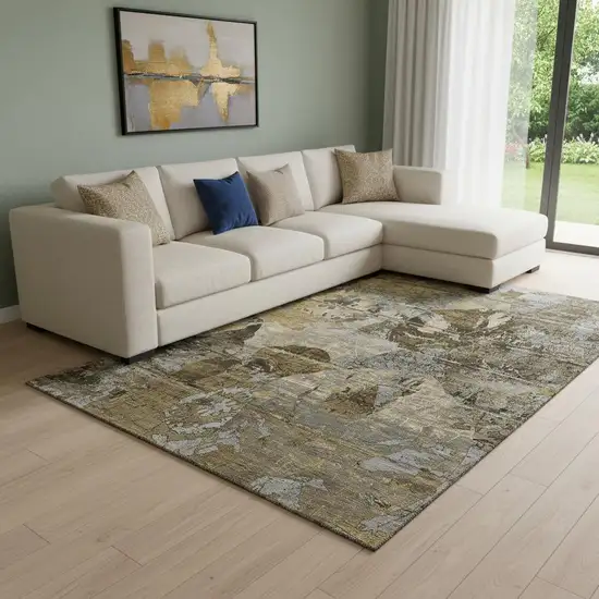 Coffee And Gray Abstract Washable Area Rug With UV Protection Photo 1