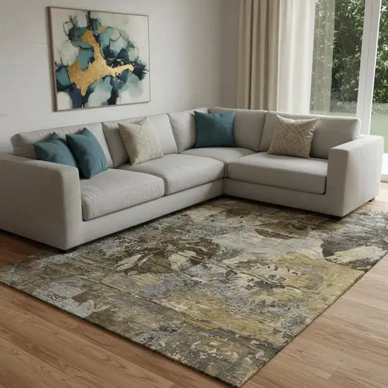 Coffee And Gray Abstract Washable Area Rug With UV Protection Photo 1