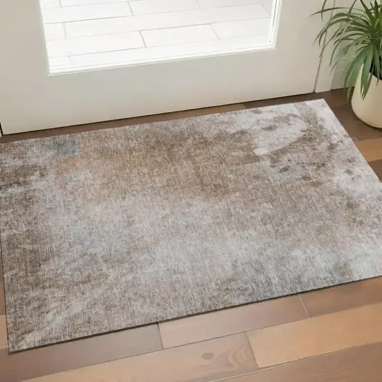 Coffee And Gray Abstract Washable Area Rug With UV Protection Photo 1