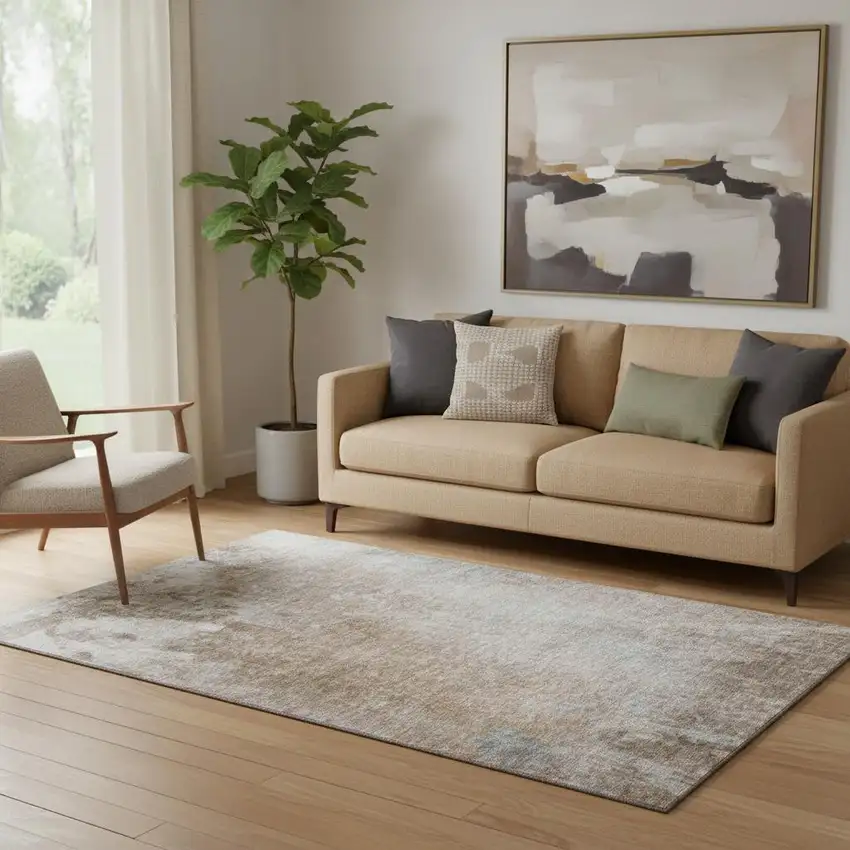 Coffee And Gray Abstract Washable Area Rug With UV Protection Photo 1