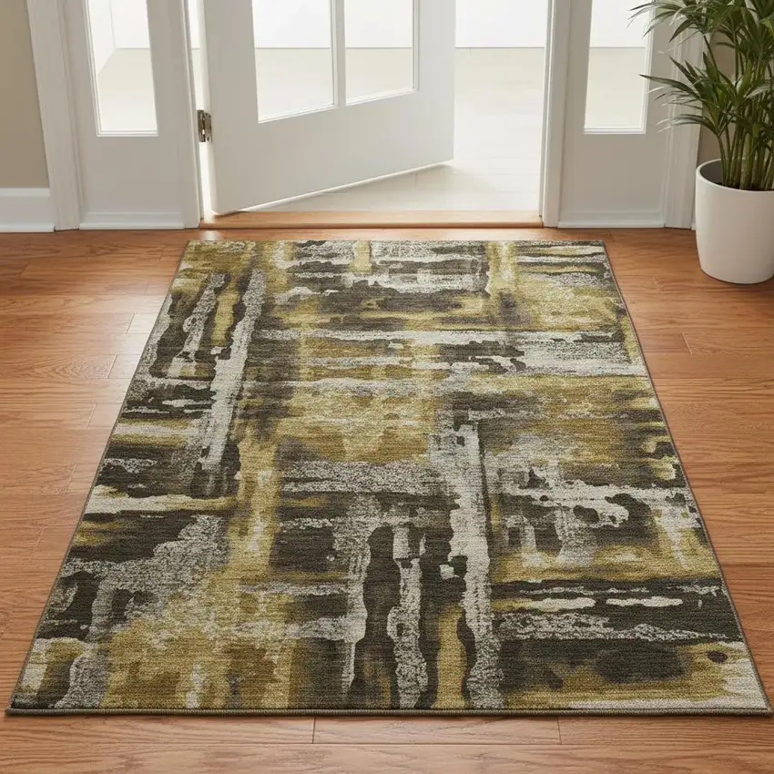 Coffee And Gray Abstract Washable Area Rug With UV Protection Photo 2