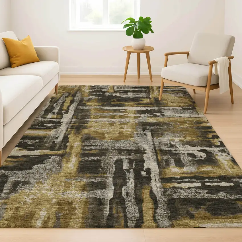 Coffee And Gray Abstract Washable Area Rug With UV Protection Photo 6