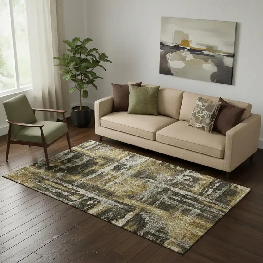 Coffee And Gray Abstract Washable Area Rug With UV Protection Photo 2