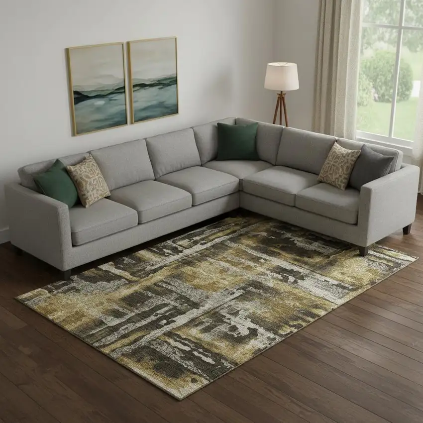 Coffee And Gray Abstract Washable Area Rug With UV Protection Photo 2