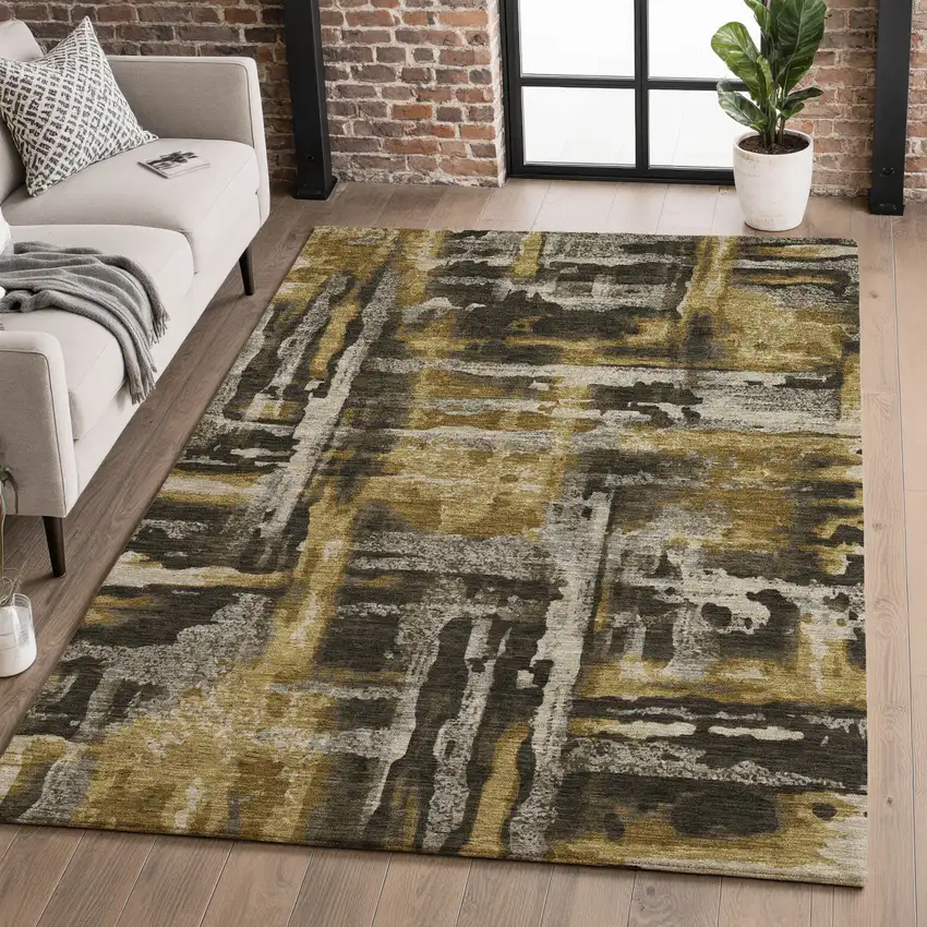 Coffee And Gray Abstract Washable Area Rug With UV Protection Photo 5
