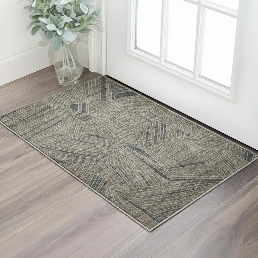 Coffee And Gray Geometric Washable Area Rug With UV Protection Photo 2