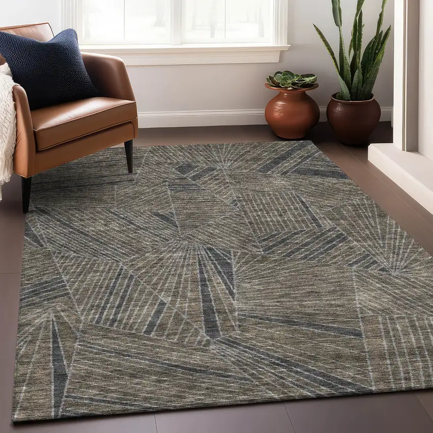 Coffee And Gray Geometric Washable Area Rug With UV Protection Photo 5