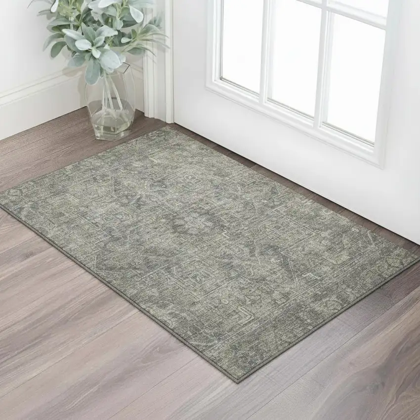Coffee And Gray Oriental Washable Area Rug With UV Protection Photo 1