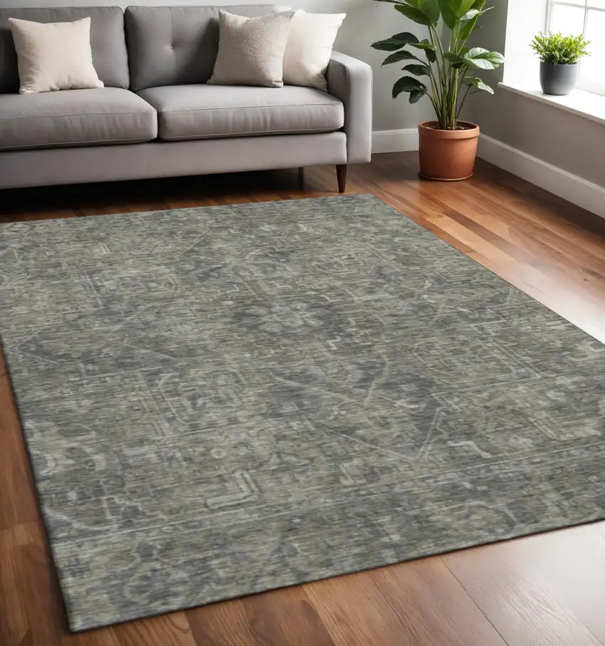 Coffee And Gray Oriental Washable Area Rug With UV Protection Photo 2
