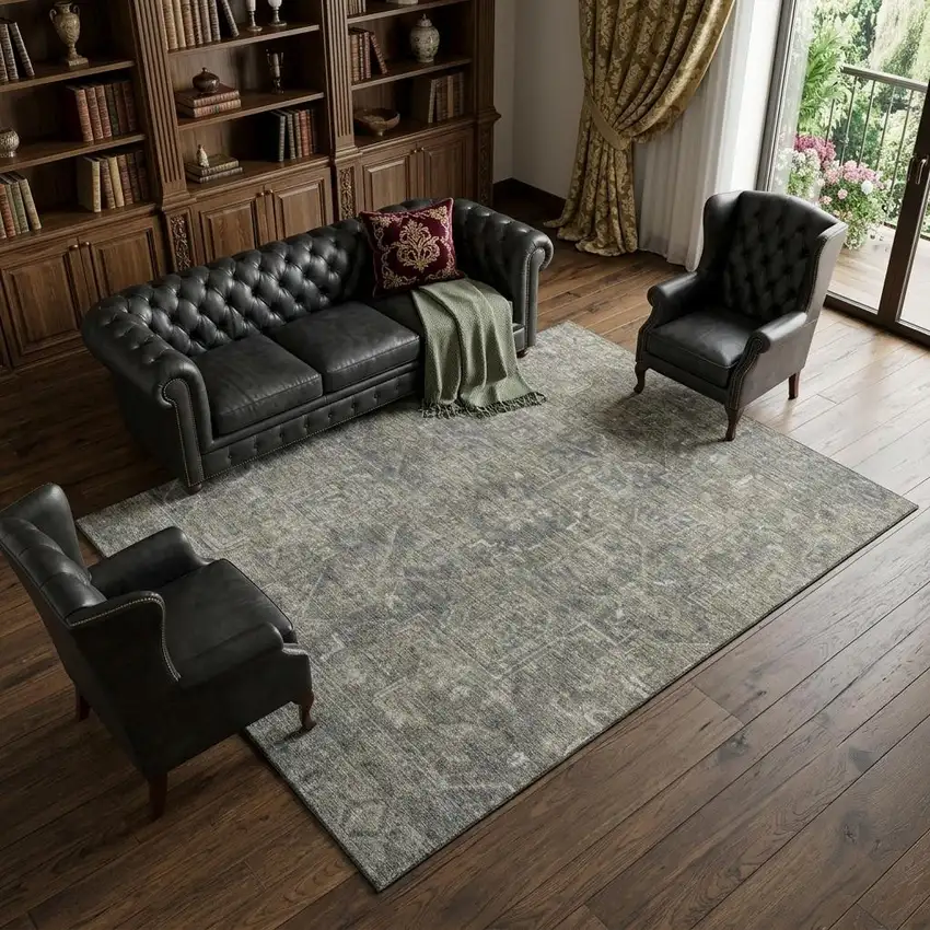 Coffee And Gray Medallion Distressed Washable Area Rug With UV Protection Photo 1