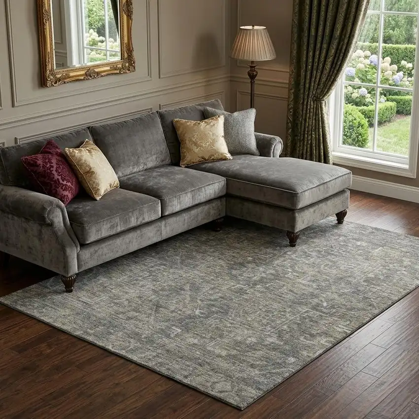 Coffee And Gray Medallion Distressed Washable Area Rug With UV Protection Photo 1