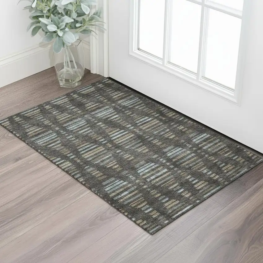 Coffee And Gray Striped Washable Area Rug With UV Protection Photo 2