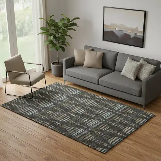 Coffee And Gray Striped Washable Area Rug With UV Protection Photo 2