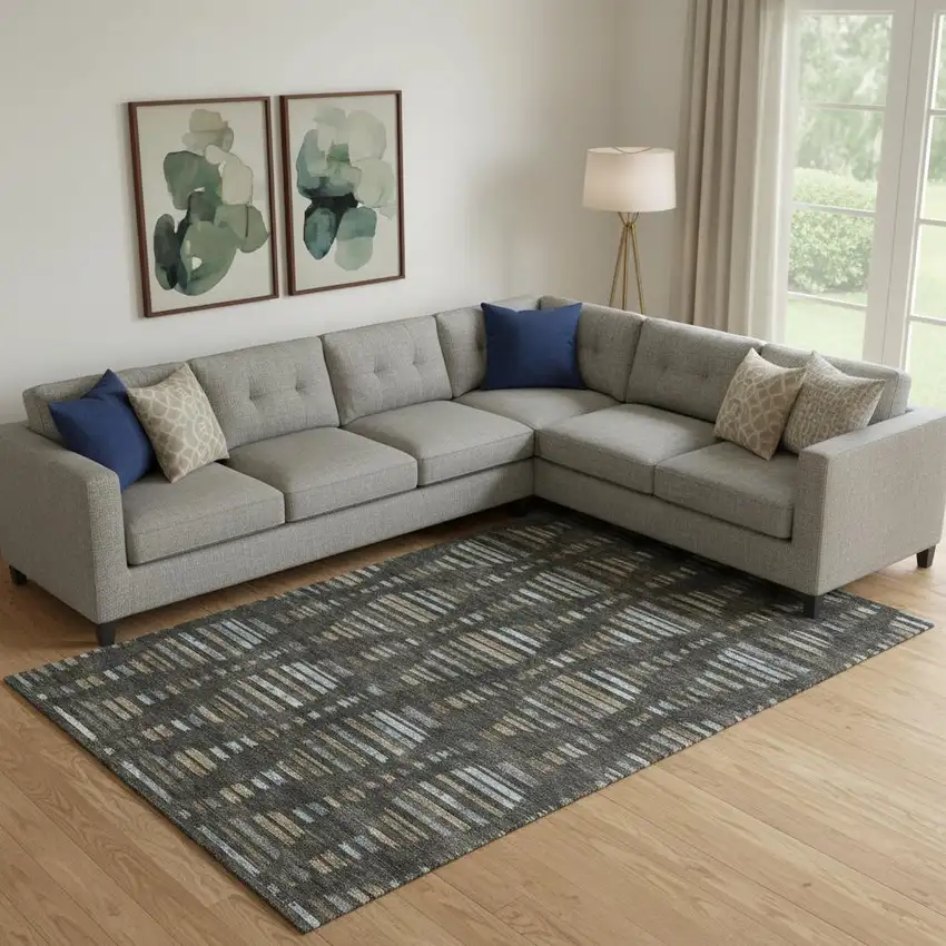 Coffee And Gray Striped Washable Area Rug With UV Protection Photo 2