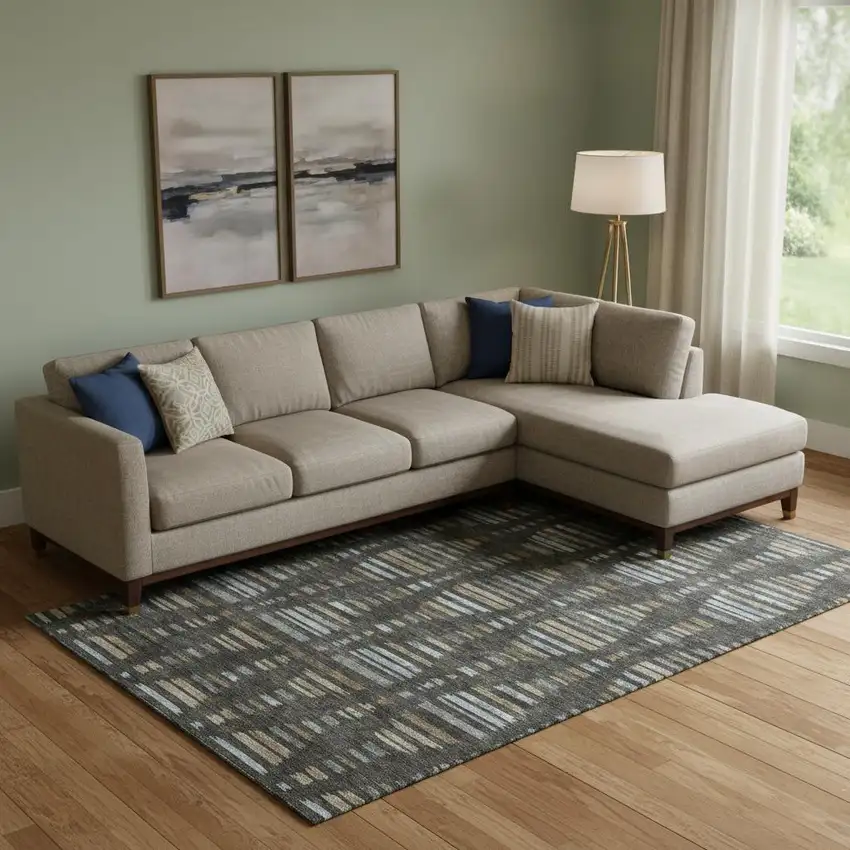 Coffee And Gray Striped Washable Area Rug With UV Protection Photo 2