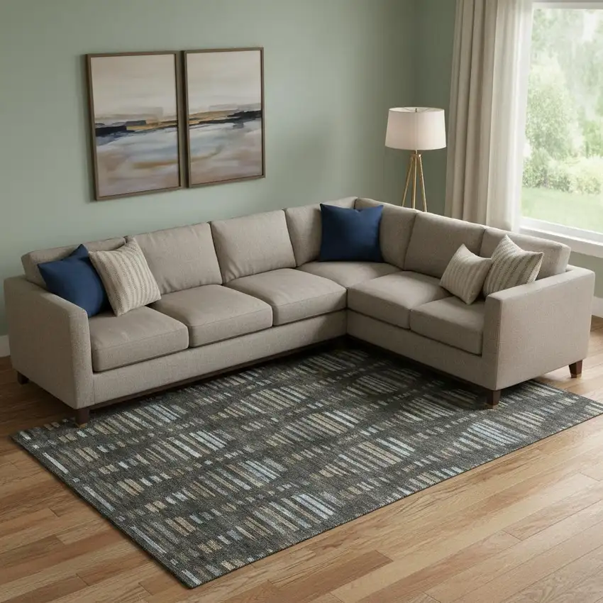 Coffee And Gray Striped Washable Area Rug With UV Protection Photo 2