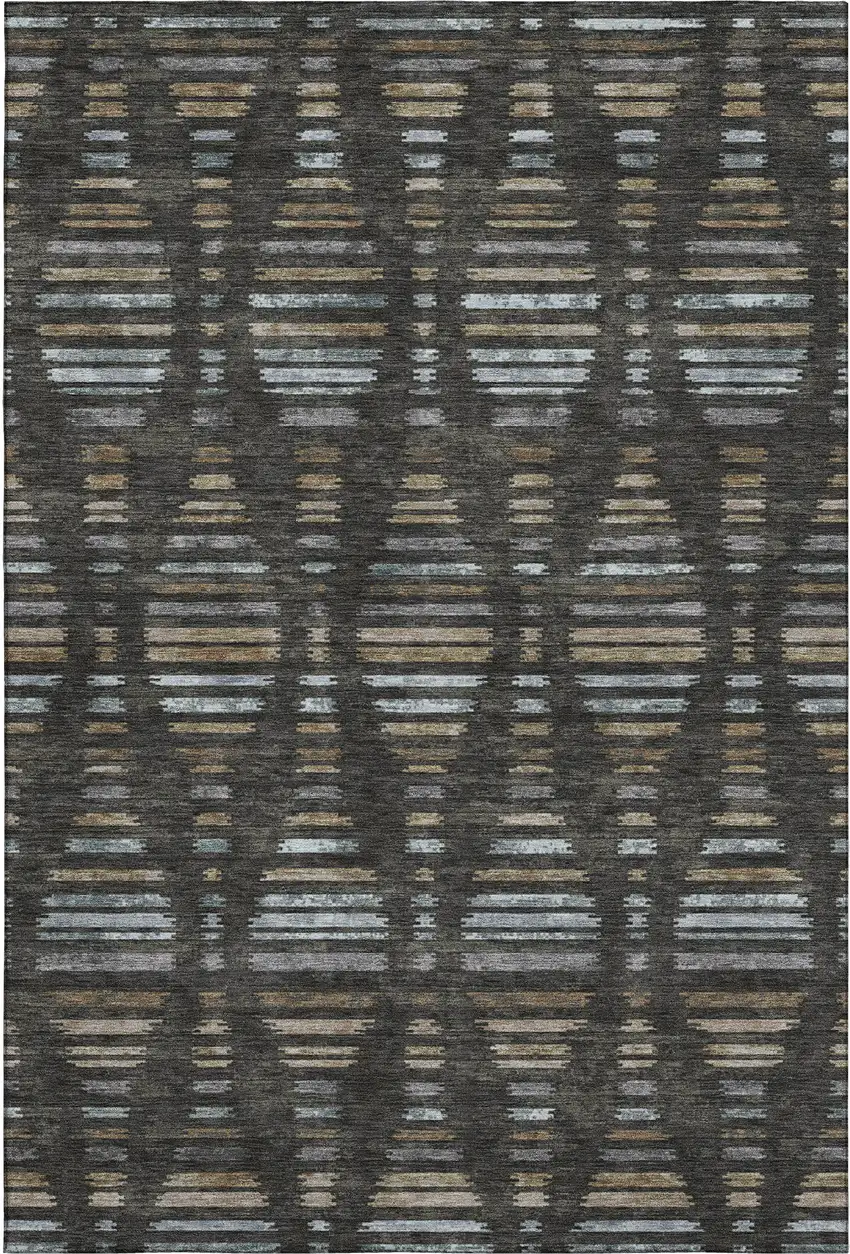 Coffee And Gray Striped Washable Area Rug With UV Protection Photo 1
