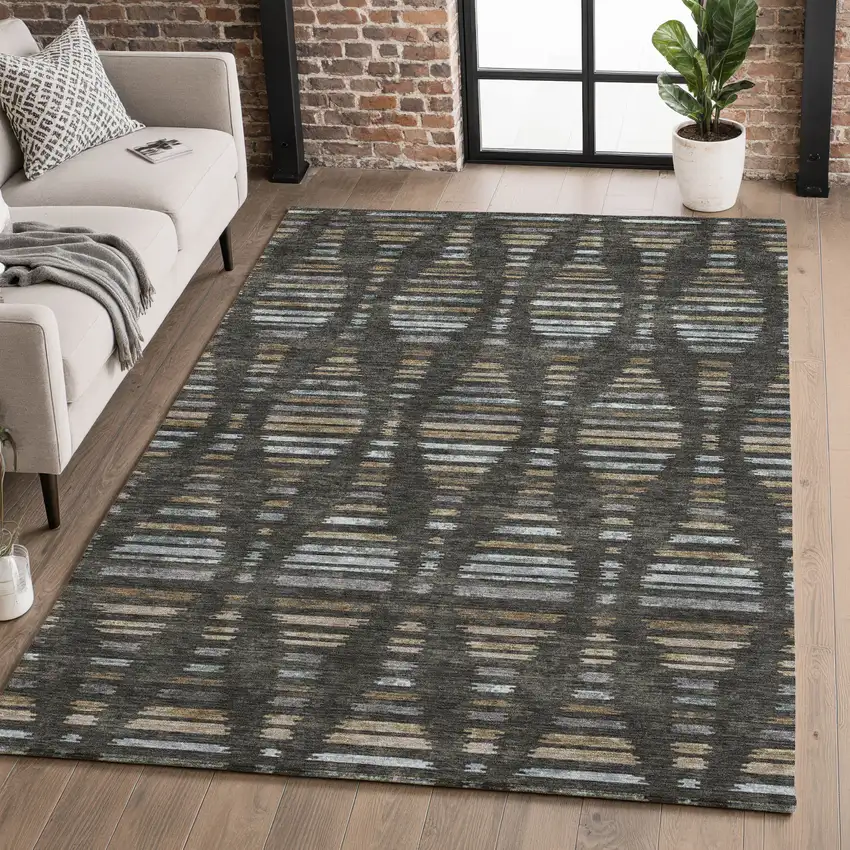 Coffee And Gray Striped Washable Area Rug With UV Protection Photo 5