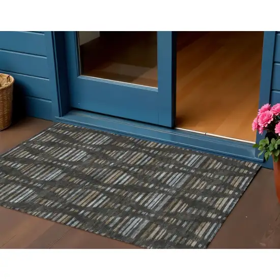 Coffee And Gray Striped Washable Indoor Outdoor Area Rug Photo 2