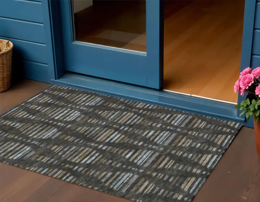 Coffee And Gray Striped Washable Indoor Outdoor Area Rug Photo 2