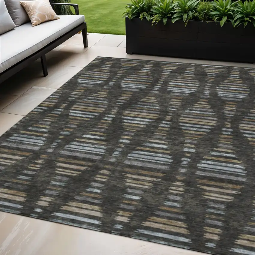 Coffee And Gray Striped Washable Indoor Outdoor Area Rug Photo 2