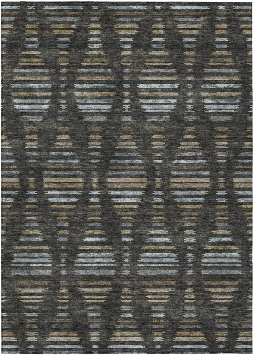Coffee And Gray Striped Washable Indoor Outdoor Area Rug Photo 1