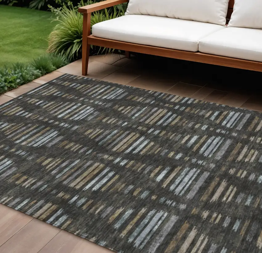 Coffee And Gray Striped Washable Indoor Outdoor Area Rug Photo 2