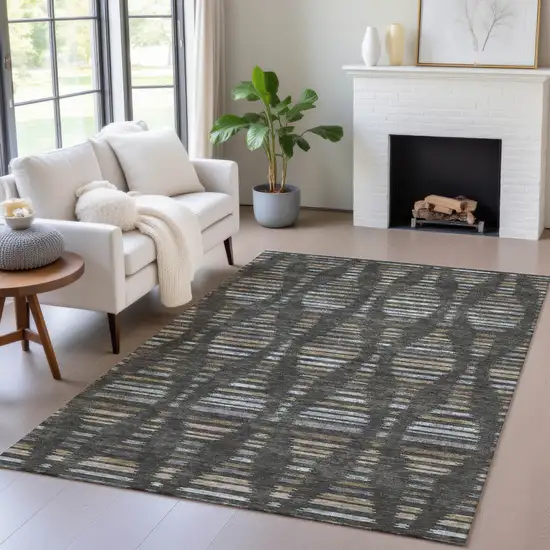 Coffee And Gray Striped Washable Indoor Outdoor Area Rug Photo 5