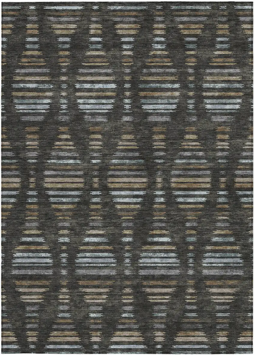 Coffee And Gray Striped Washable Indoor Outdoor Area Rug Photo 3